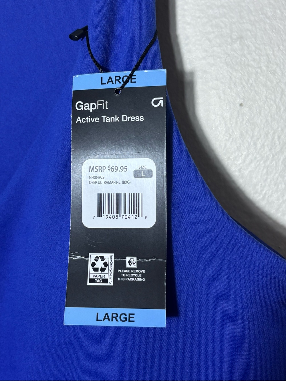 GapFit Active Tank Dress Deep Ultramarine Blue V-Neck Built-in Bra Large NEW - Picture 4 of 13